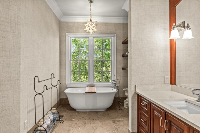 2030 Linger Longer Dr, Greensboro, GA 30642 - bathroom with a freestanding tub, ornamental molding, a wealth of natural light, and vanity