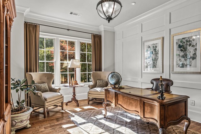 2030 Linger Longer Dr, Greensboro, GA 30642 - home office featuring wood finished floors, visible vents, ornamental molding, and a notable chandelier