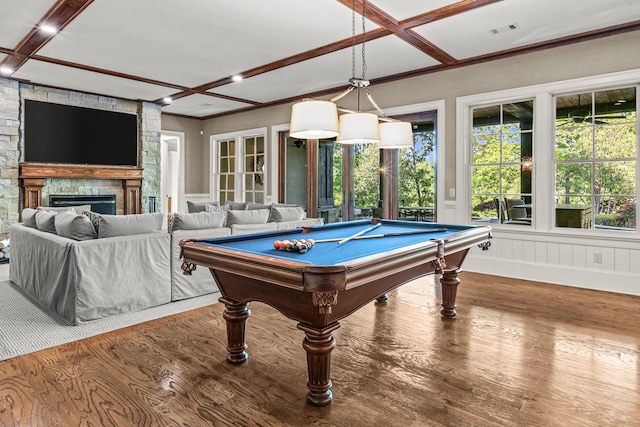 2030 Linger Longer Dr, Greensboro, GA 30642 - game room featuring visible vents, coffered ceiling, pool table, wood finished floors, and a stone fireplace