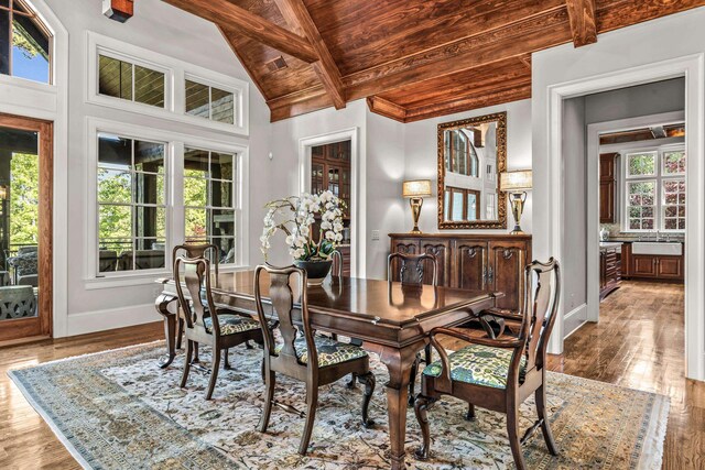 2030 Linger Longer Dr, Greensboro, GA 30642 - dining area with baseboards, wood finished floors, lofted ceiling with beams, and wood ceiling