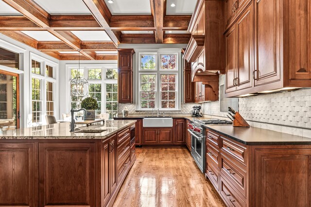 2030 Linger Longer Dr, Greensboro, GA 30642 - kitchen featuring double oven range, light wood finished floors, a sink, and backsplash
