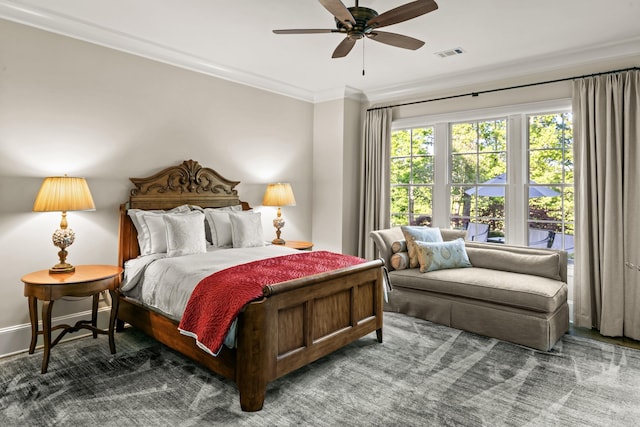 2030 Linger Longer Dr, Greensboro, GA 30642 - bedroom with ornamental molding, visible vents, ceiling fan, and carpet flooring