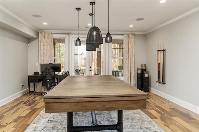 game room featuring ornamental molding, recessed lighting, baseboards, and wood finished floors