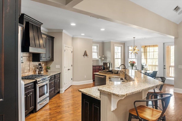 kitchen featuring premium range hood, a sink, appliances with stainless steel finishes, backsplash, and a kitchen bar