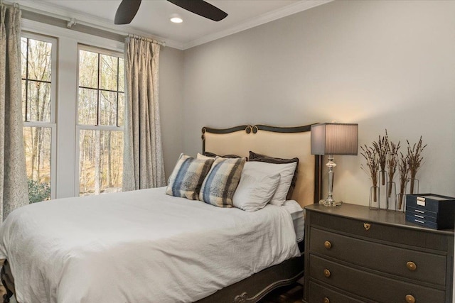 bedroom featuring recessed lighting, a ceiling fan, and crown molding