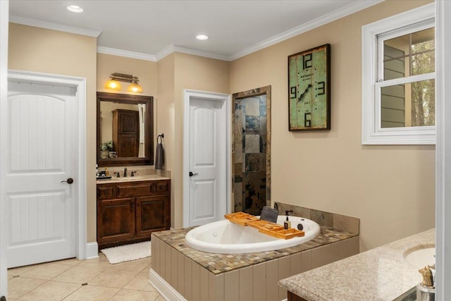 bathroom with tile patterned flooring, a garden tub, a sink, two vanities, and crown molding