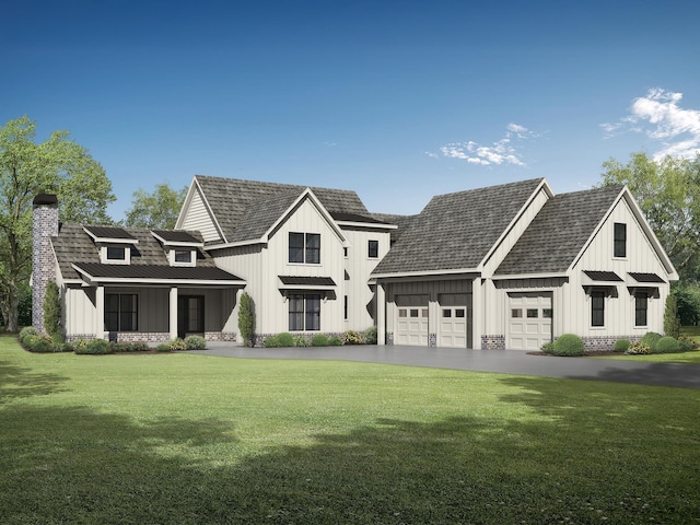 modern farmhouse style home featuring board and batten siding, a front yard, and a standing seam roof