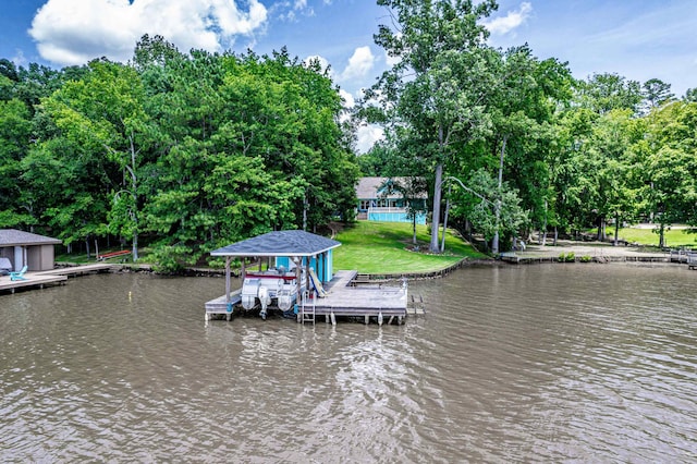 138B Little River Run, Eatonton, GA 31024 - dock featuring boat lift, a water view, and view of scattered trees