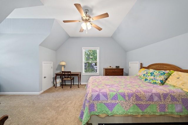 138B Little River Run, Eatonton, GA 31024 - bedroom featuring light colored carpet, vaulted ceiling, and a ceiling fan