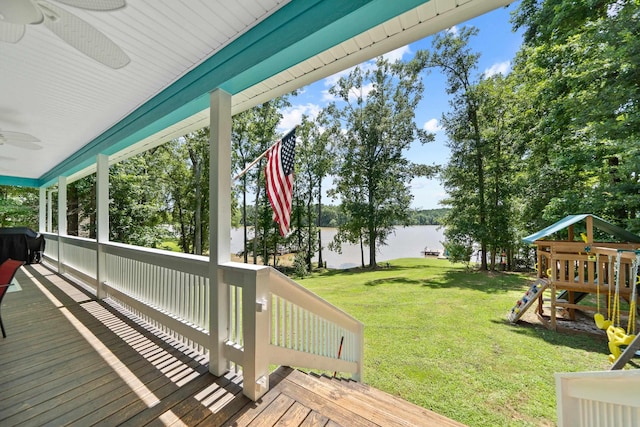 138B Little River Run, Eatonton, GA 31024 - wooden terrace with a ceiling fan, a water view, a playground, and a lawn