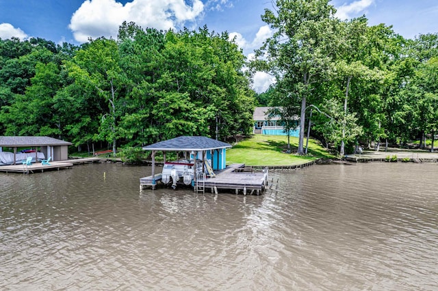 138B Little River Run, Eatonton, GA 31024 - dock featuring boat lift, a water view, and view of scattered trees