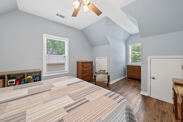 138B Little River Run, Eatonton, GA 31024 - bedroom featuring vaulted ceiling, dark wood-style floors, and ceiling fan