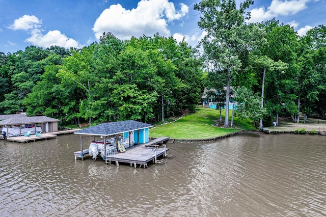 138B Little River Run, Eatonton, GA 31024 - dock with boat lift, a water view, a lawn, and view of scattered trees