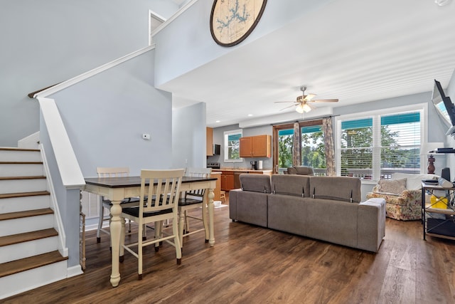 138B Little River Run, Eatonton, GA 31024 - living room with stairway, dark wood finished floors, ceiling fan, and recessed lighting