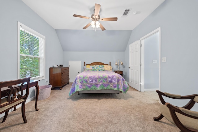 138B Little River Run, Eatonton, GA 31024 - bedroom with light carpet, vaulted ceiling, and ceiling fan