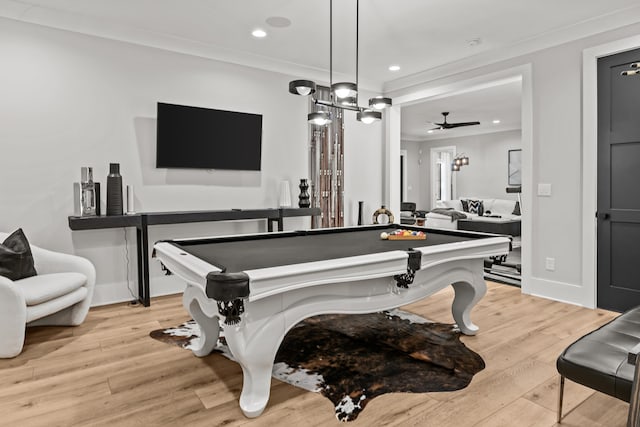 playroom featuring recessed lighting, pool table, baseboards, ornamental molding, and light wood finished floors