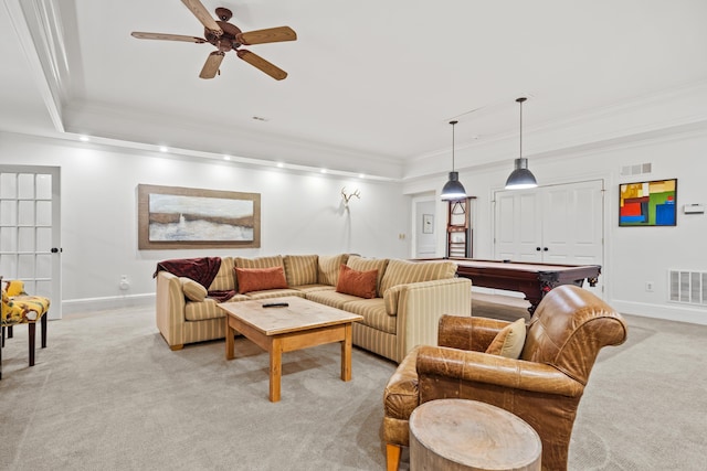 carpeted living room featuring crown molding, pool table, and ceiling fan