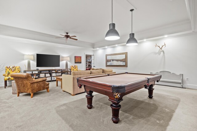 playroom featuring crown molding, ceiling fan, a tray ceiling, light carpet, and pool table