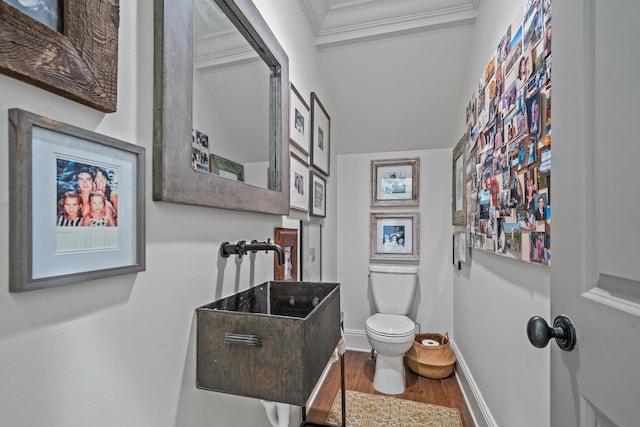 bathroom with sink, hardwood / wood-style flooring, ornamental molding, and toilet