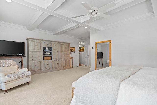 carpeted bedroom featuring coffered ceiling, ceiling fan, beam ceiling, and crown molding