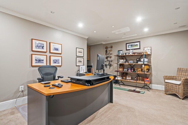 office area featuring light colored carpet and ornamental molding