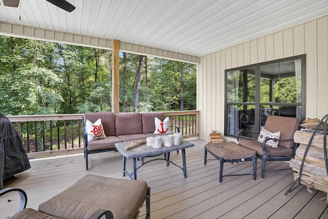 1005 Dennis St, Eatonton, GA 31024 - wooden terrace featuring a ceiling fan and an outdoor living space