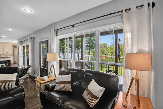 1005 Dennis St, Eatonton, GA 31024 - living area featuring wood finished floors, recessed lighting, and a water view