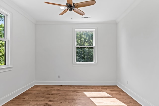 spare room featuring hardwood / wood-style flooring, a wealth of natural light, and ornamental molding