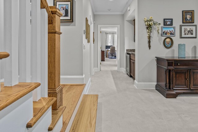 hall with baseboards, crown molding, and light colored carpet