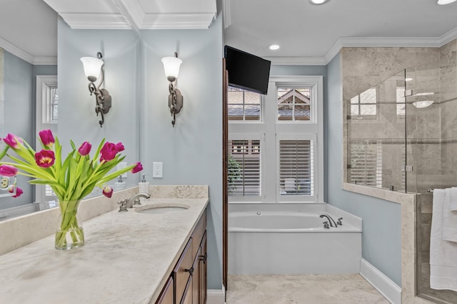 full bathroom featuring a garden tub, a shower stall, crown molding, and vanity