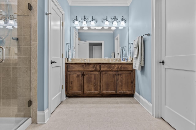 bathroom featuring ornamental molding, tile patterned flooring, a sink, and a shower stall