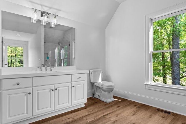 bathroom with an enclosed shower, toilet, vaulted ceiling, wood-type flooring, and vanity