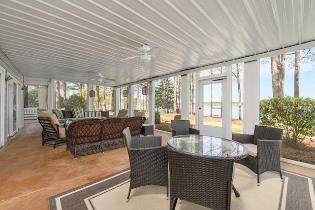 261 Reynolds Dr, Eatonton, GA 31024 - sunroom / solarium featuring an outdoor living space, ceiling fan, outdoor dining space, and french doors