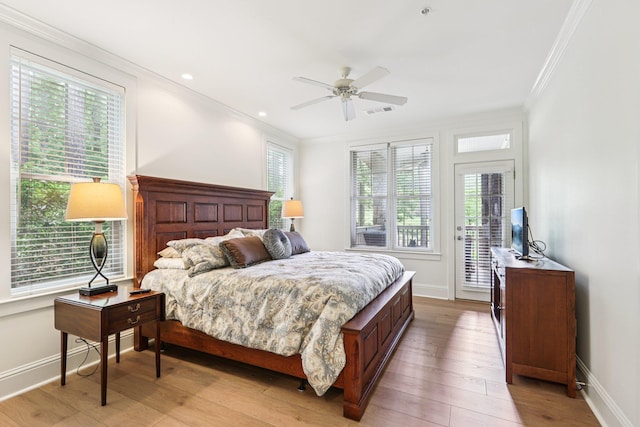 1010A Creekside, Greensboro, GA 30642 - bedroom featuring ornamental molding, access to outside, baseboards, light wood-type flooring, and ceiling fan