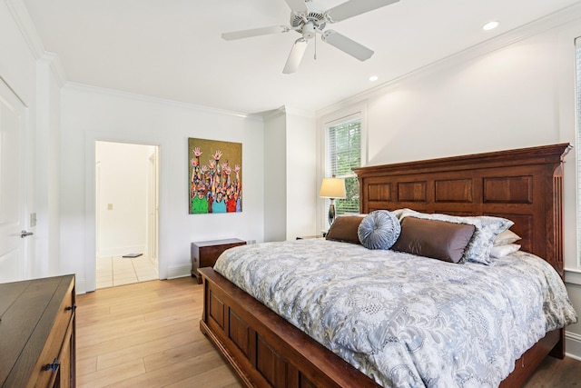 1010A Creekside, Greensboro, GA 30642 - bedroom with crown molding, light wood-style floors, a ceiling fan, baseboards, and recessed lighting