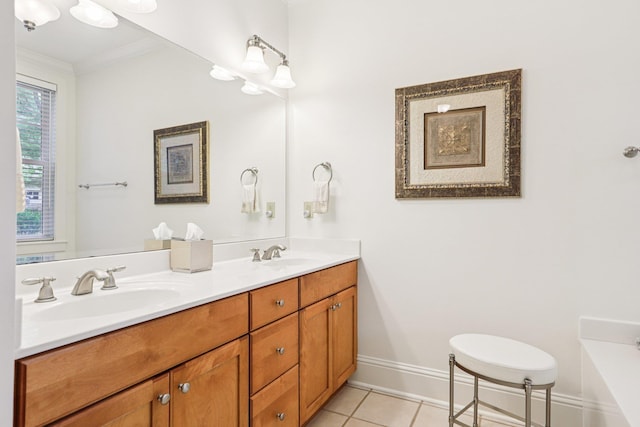 1010A Creekside, Greensboro, GA 30642 - full bathroom featuring double vanity, baseboards, tile patterned flooring, ornamental molding, and a bath