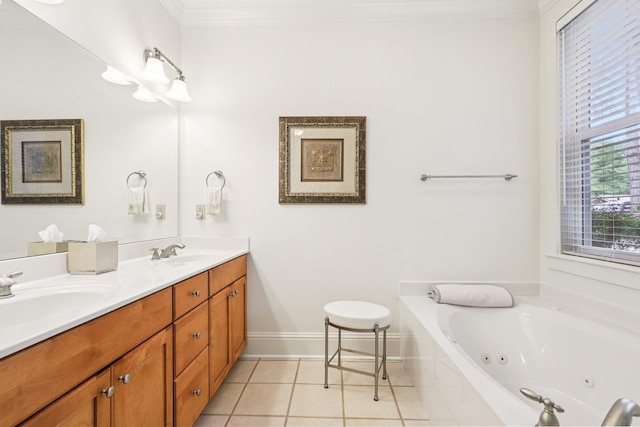 1010A Creekside, Greensboro, GA 30642 - full bathroom featuring ornamental molding, double vanity, a tub with jets, tile patterned floors, and baseboards