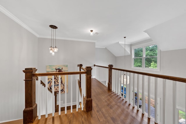 855 Jasper St, Madison, GA 30650 - hall featuring wood finished floors, a chandelier, an upstairs landing, crown molding, and lofted ceiling