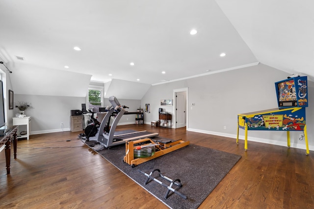 855 Jasper St, Madison, GA 30650 - workout room with vaulted ceiling, wood finished floors, and recessed lighting