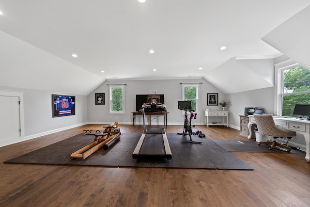 855 Jasper St, Madison, GA 30650 - exercise area with lofted ceiling, wood finished floors, healthy amount of natural light, and recessed lighting