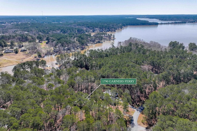 birds eye view of property featuring a forest view and a water view