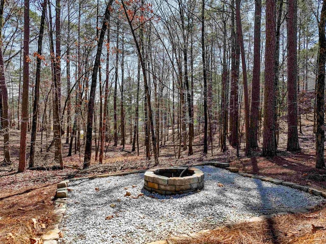 view of yard featuring a view of trees and an outdoor fire pit