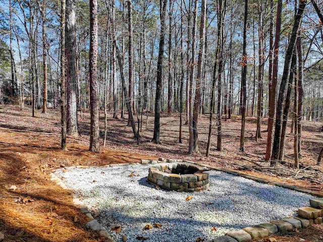 view of yard featuring a forest view and an outdoor fire pit