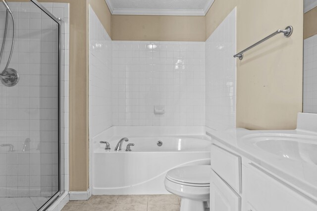 full bathroom featuring toilet, crown molding, vanity, independent shower and bath, and tile patterned flooring