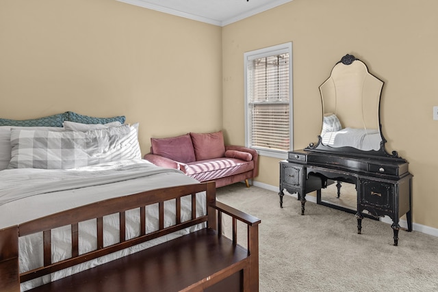 carpeted bedroom featuring crown molding