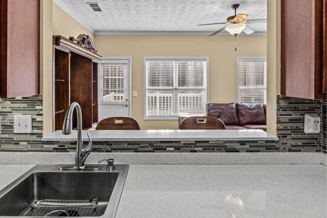 kitchen featuring ornamental molding, sink, backsplash, and a textured ceiling