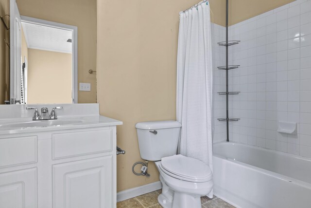 full bathroom with tile patterned flooring, vanity, shower / tub combo with curtain, and toilet