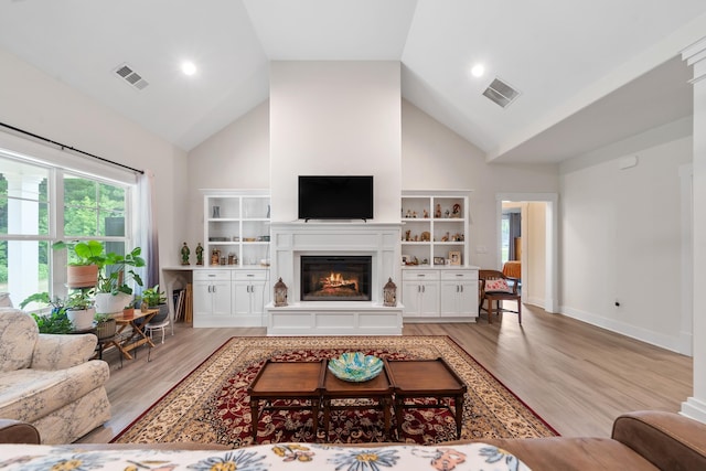 165 Hunters Chase Ct, Eatonton, GA 31024 - living area featuring high vaulted ceiling, a glass covered fireplace, and light wood finished floors