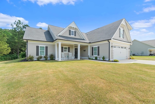 165 Hunters Chase Ct, Eatonton, GA 31024 - view of front of property with an attached garage, roof with shingles, a porch, concrete driveway, and a front lawn