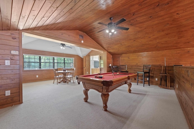 32 Lily Pt, Sparta, GA 31087 - playroom featuring wood walls, carpet flooring, vaulted ceiling, ceiling fan, and pool table